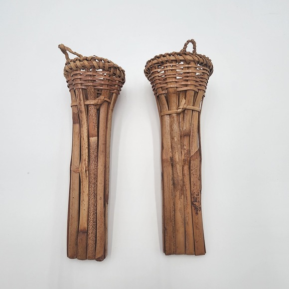 Vintage Natural Handwoven Burnt Bamboo Wall Pocket Pair of Rattan Style Sconces - Picture 2 of 8